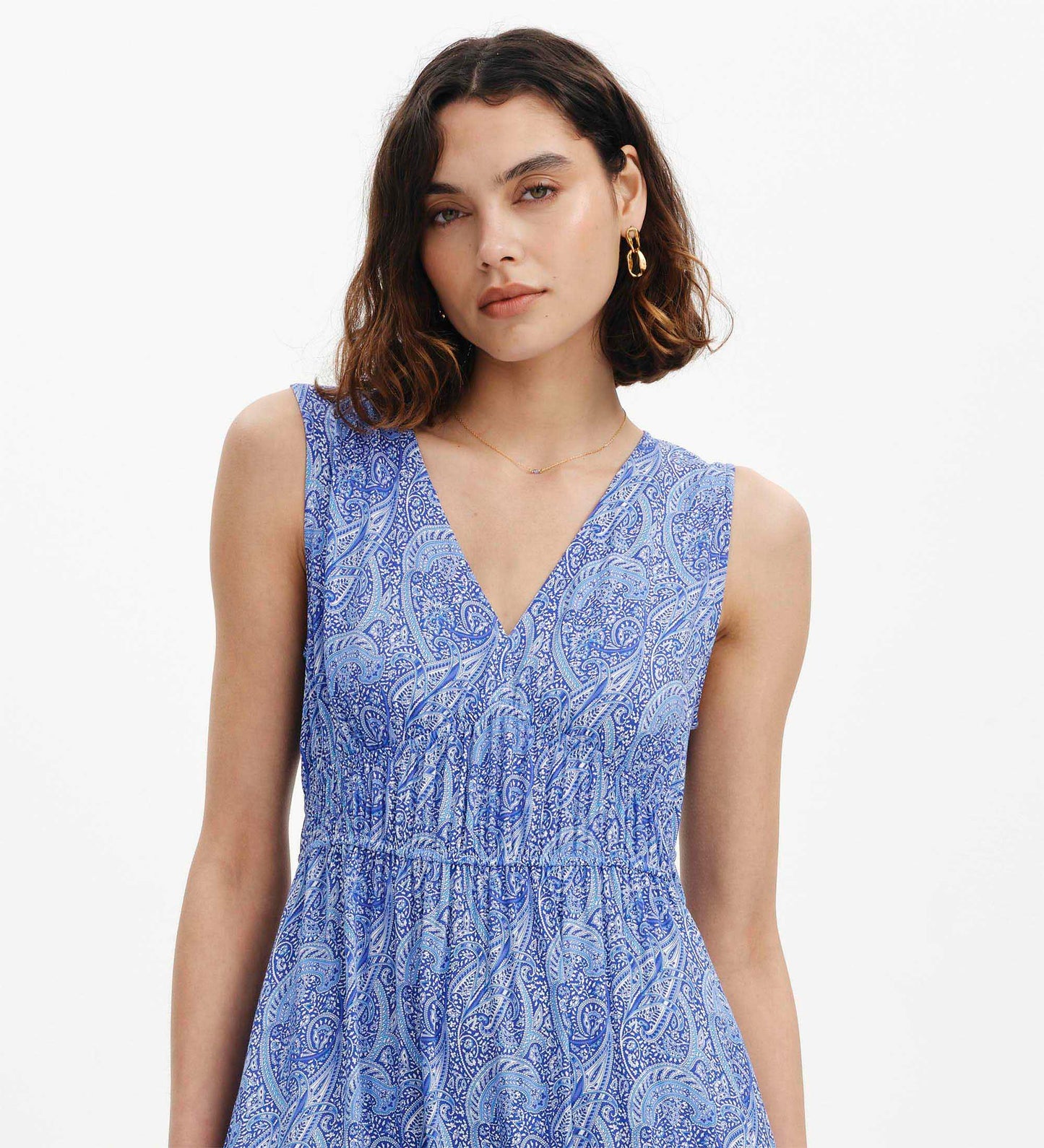 Stacey Blue Paisley Sleeveless Tiered Midi Dress