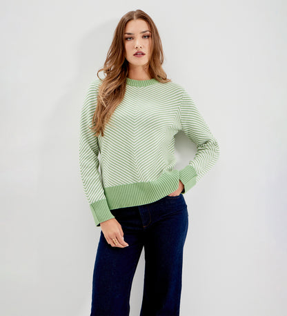 Stella Green Chevron Stripe Cotton Crew Neck Jumper