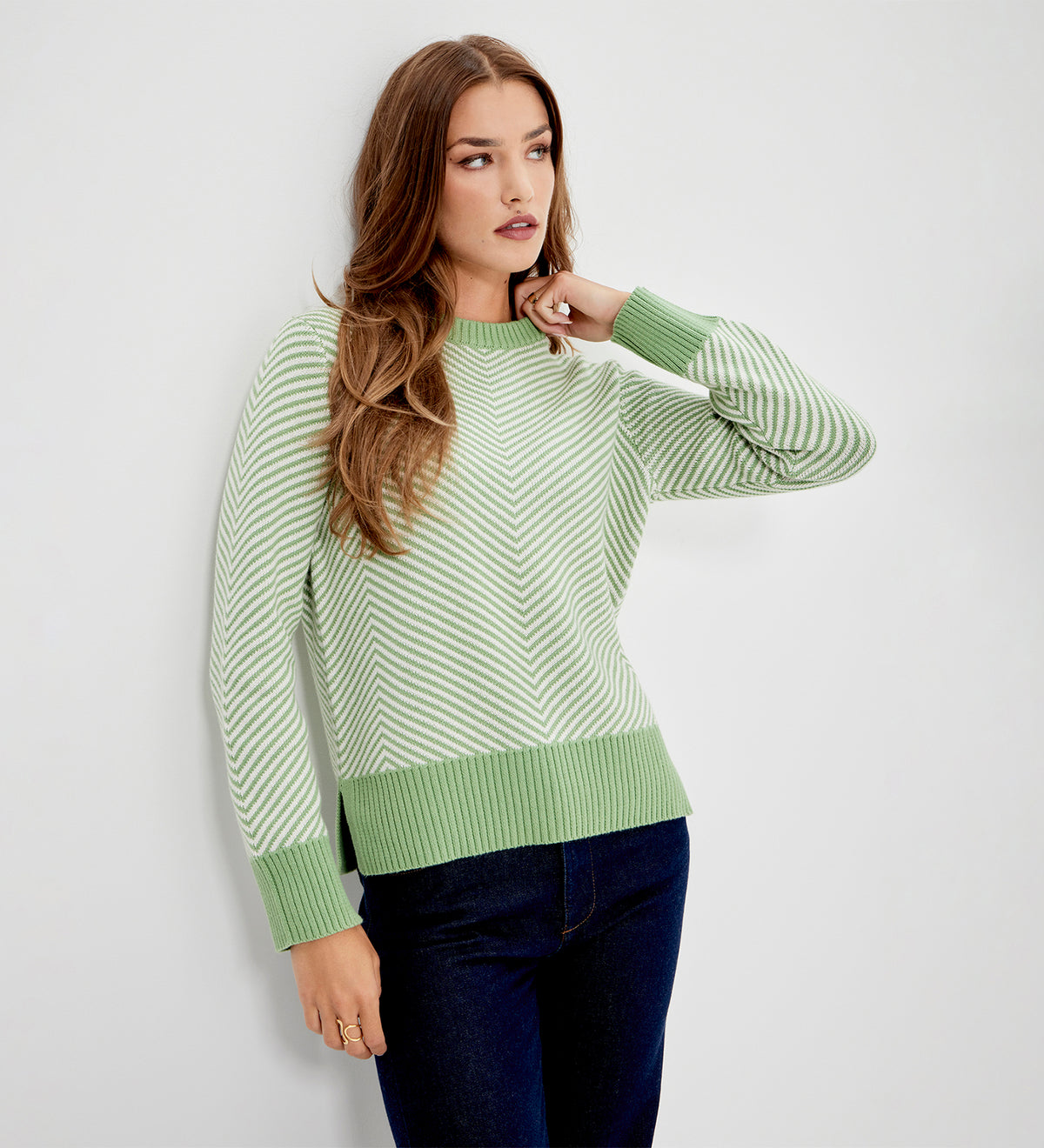 Stella Green Chevron Stripe Cotton Crew Neck Jumper