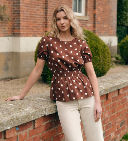 Raya Brown Polka Dot Cotton Puff Sleeve Elasticated Waist Top