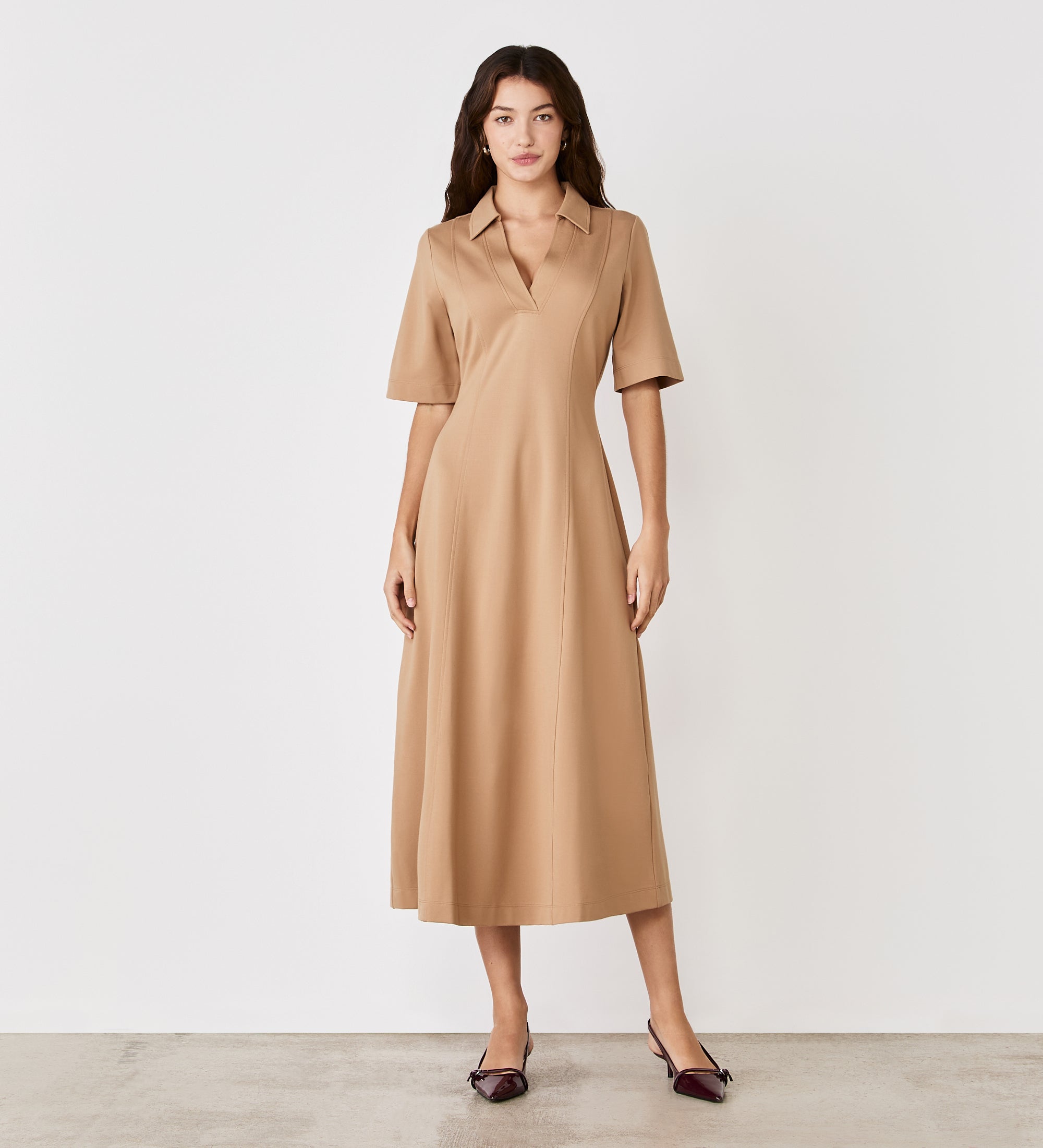 Trinity Camel Ponte Jersey Midi Dress – Finery London