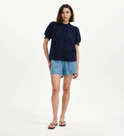 Teagan Navy Cotton Gauze Pintuck Puff Sleeve Blouse