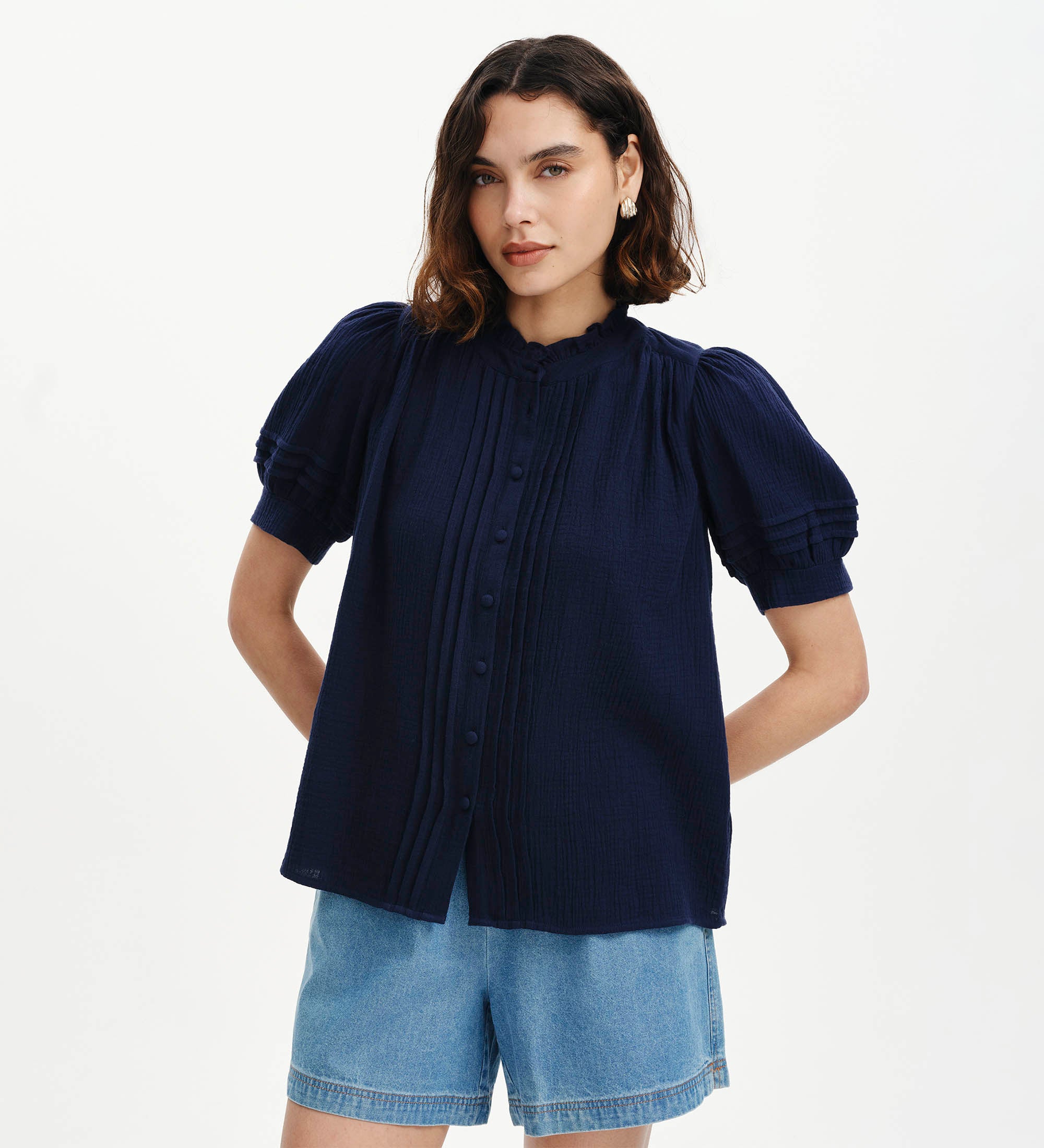 Teagan Navy Cotton Gauze Pintuck Puff Sleeve Blouse – Finery London