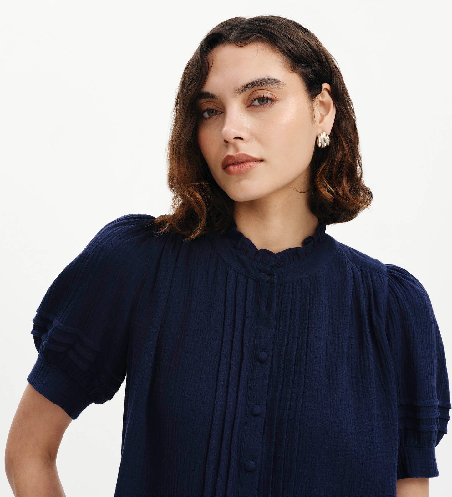 Teagan Navy Cotton Gauze Pintuck Puff Sleeve Blouse