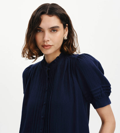 Teagan Navy Cotton Gauze Pintuck Puff Sleeve Blouse