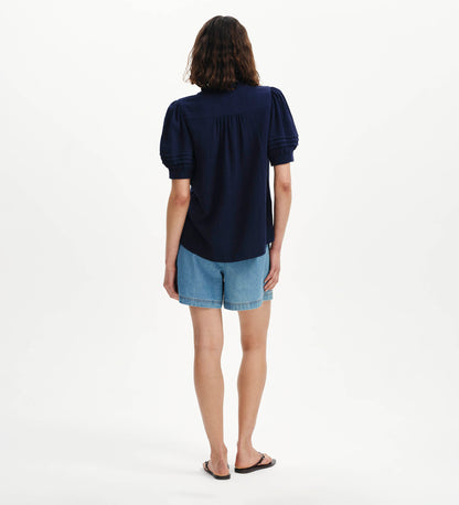 Teagan Navy Cotton Gauze Pintuck Puff Sleeve Blouse