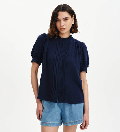 Teagan Navy Cotton Gauze Pintuck Puff Sleeve Blouse