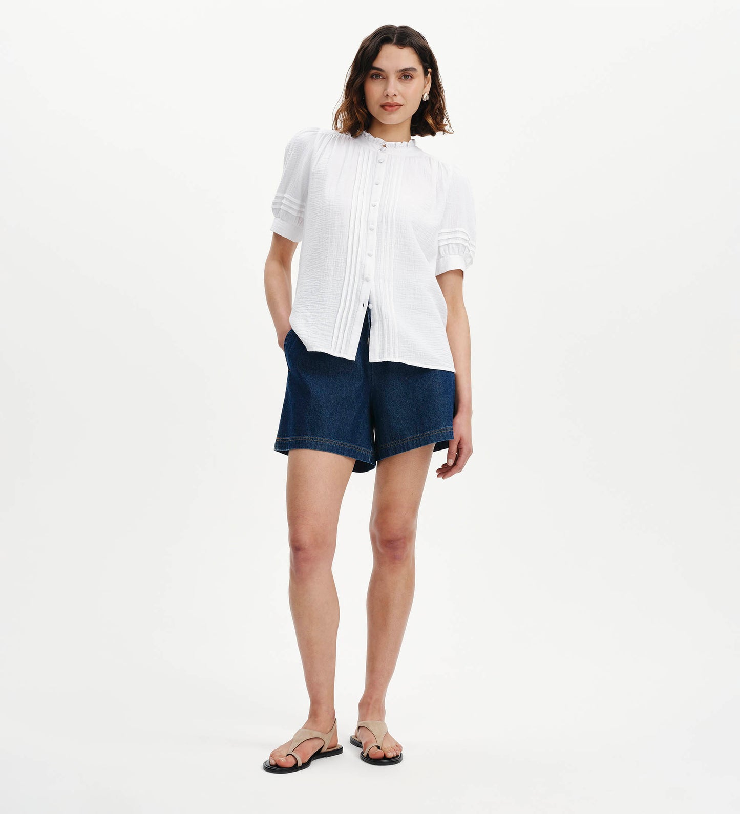 Teagan White Cotton Gauze Pintuck Puff Sleeve Blouse