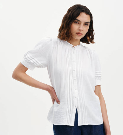 Teagan White Cotton Gauze Pintuck Puff Sleeve Blouse