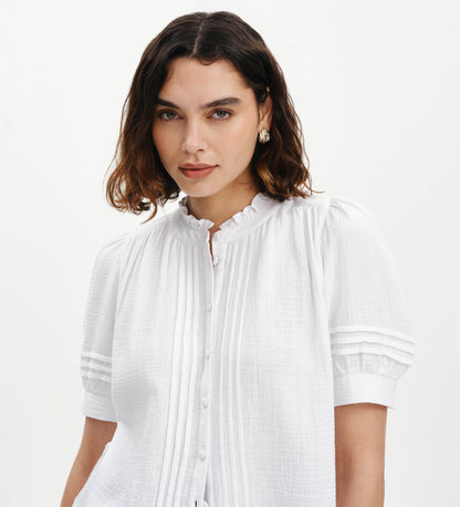 Teagan White Cotton Gauze Pintuck Puff Sleeve Blouse