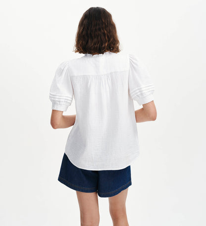 Teagan White Cotton Gauze Pintuck Puff Sleeve Blouse