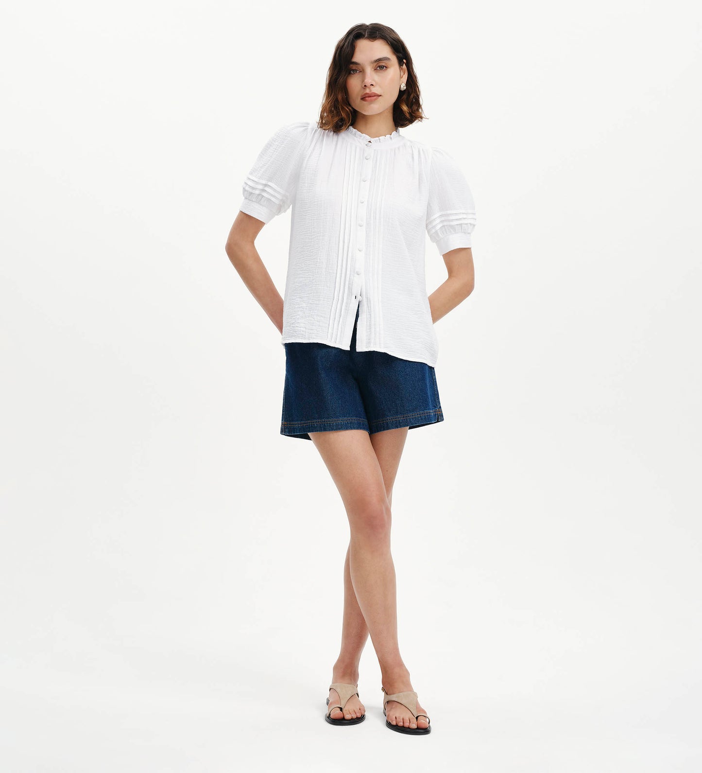 Teagan White Cotton Gauze Pintuck Puff Sleeve Blouse