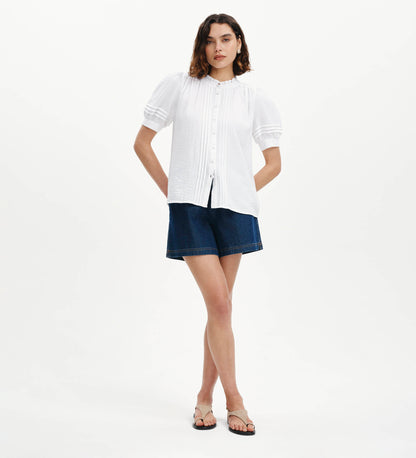 Teagan White Cotton Gauze Pintuck Puff Sleeve Blouse