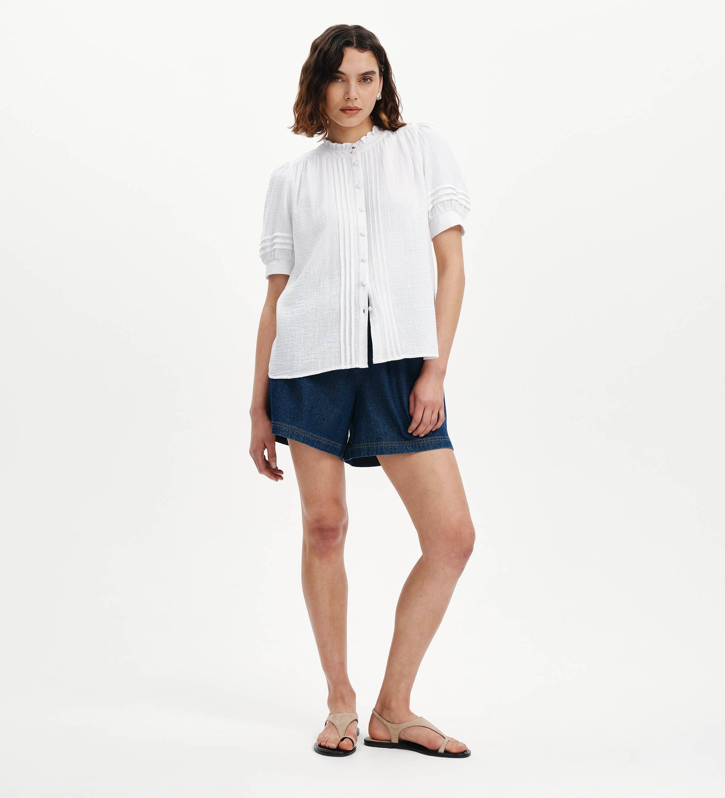 Teagan White Cotton Gauze Pintuck Puff Sleeve Blouse