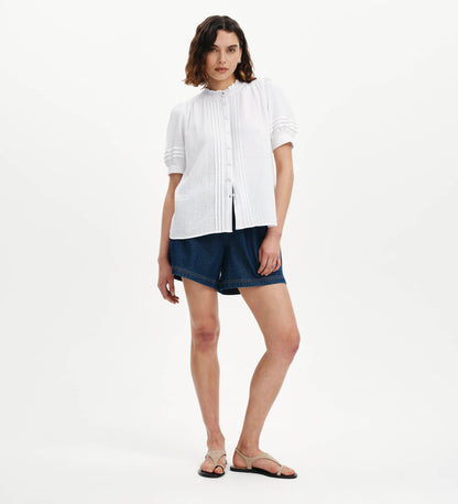 Teagan White Cotton Gauze Pintuck Puff Sleeve Blouse