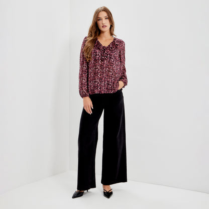 Trinity Burgundy Abstract Animal Chiffon Ruffle Neck Blouse