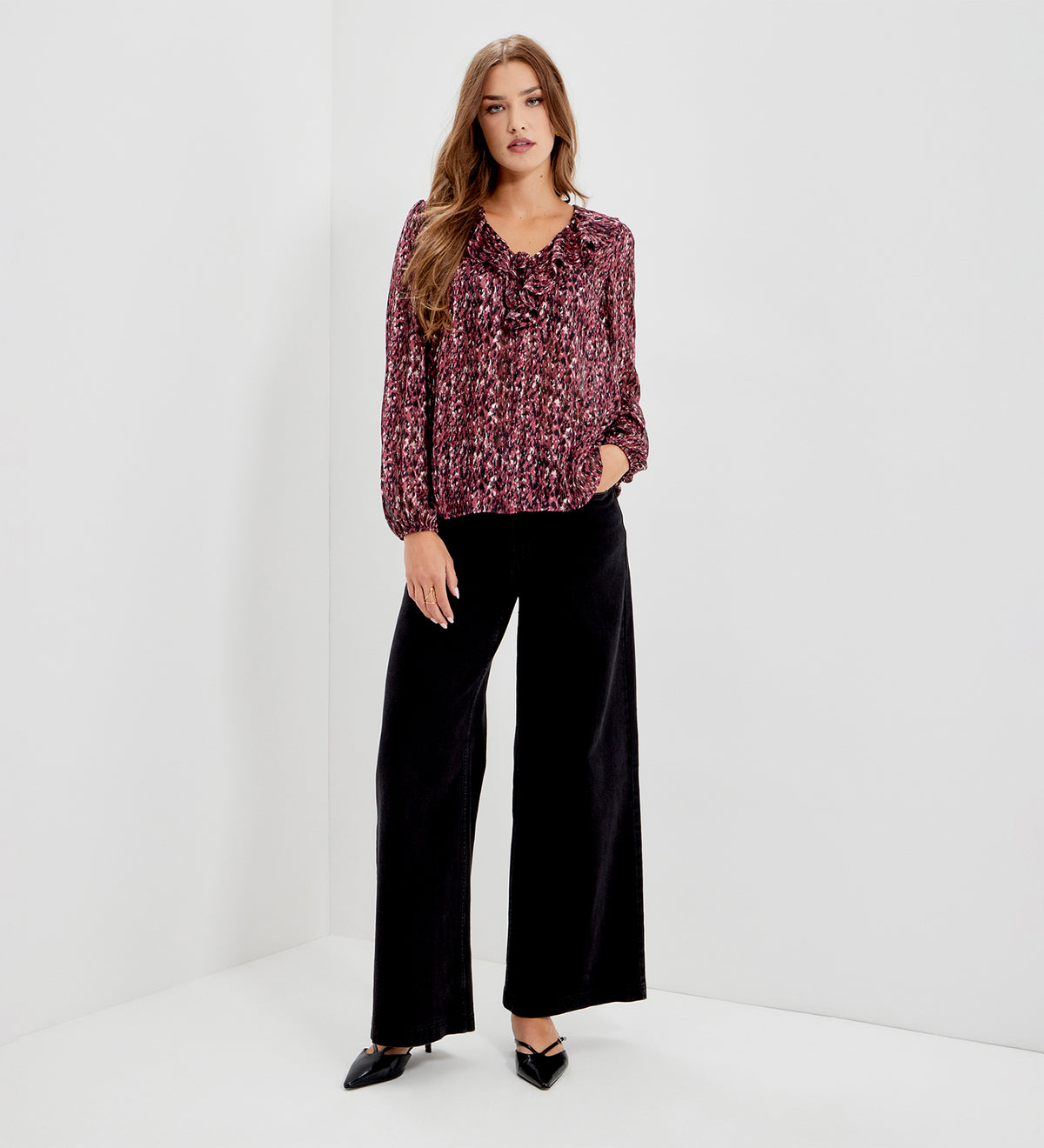 Trinity Burgundy Abstract Animal Chiffon Ruffle Neck Blouse