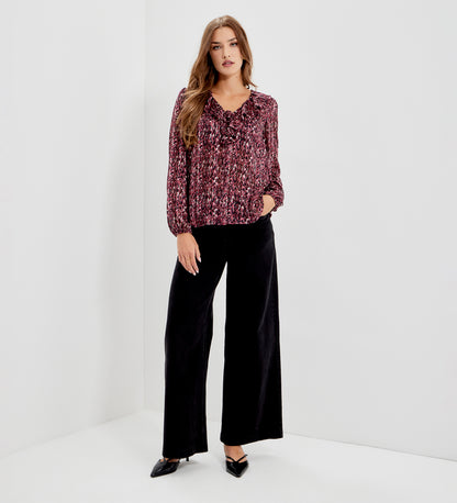 Trinity Burgundy Abstract Animal Chiffon Ruffle Neck Blouse