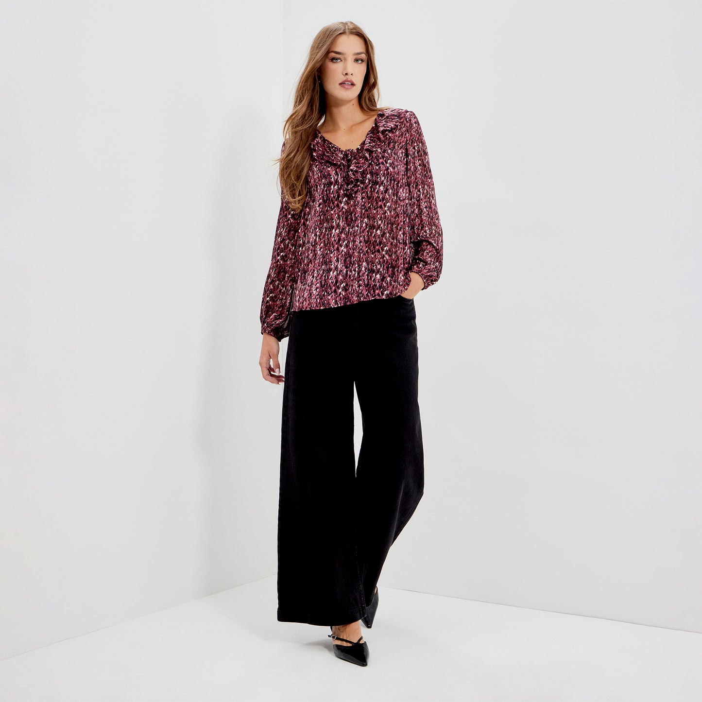 Trinity Burgundy Abstract Animal Chiffon Ruffle Neck Blouse