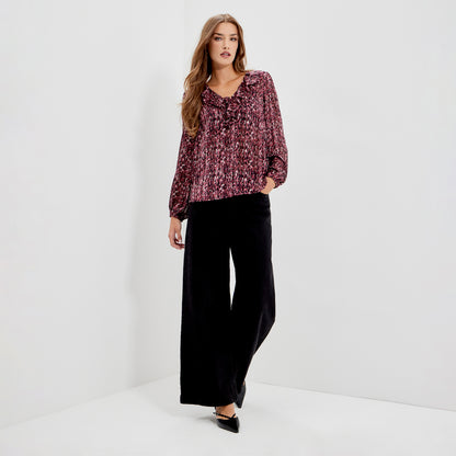 Trinity Burgundy Abstract Animal Chiffon Ruffle Neck Blouse