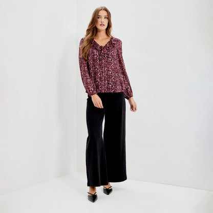 Trinity Burgundy Abstract Animal Chiffon Ruffle Neck Blouse