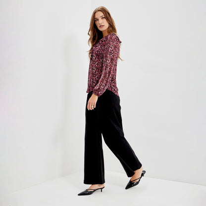 Trinity Burgundy Abstract Animal Chiffon Ruffle Neck Blouse