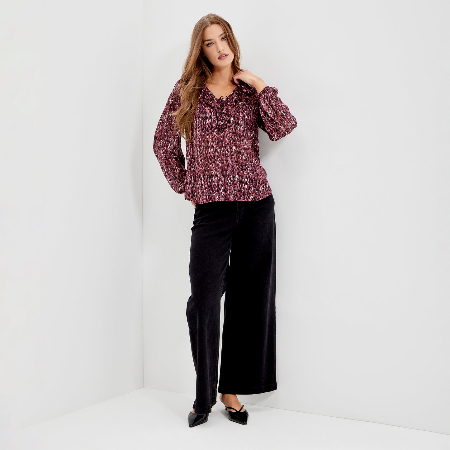 Trinity Burgundy Abstract Animal Chiffon Ruffle Neck Blouse