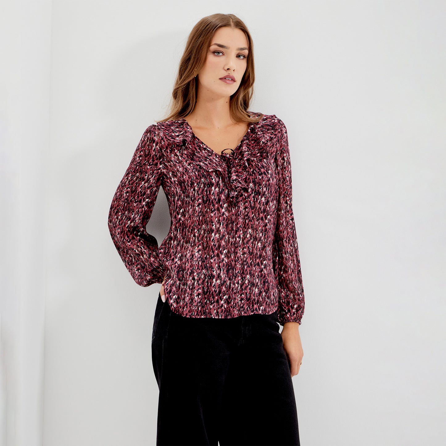 Trinity Burgundy Abstract Animal Chiffon Ruffle Neck Blouse