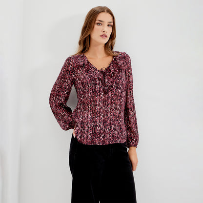 Trinity Burgundy Abstract Animal Chiffon Ruffle Neck Blouse