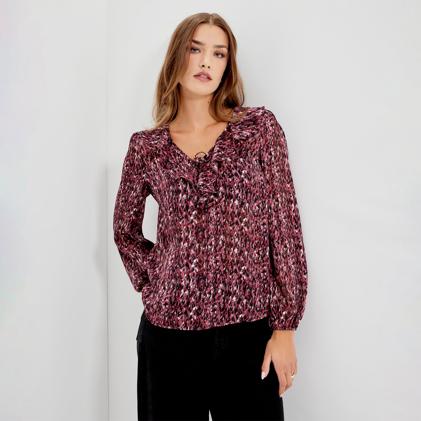 Trinity Burgundy Abstract Animal Chiffon Ruffle Neck Blouse