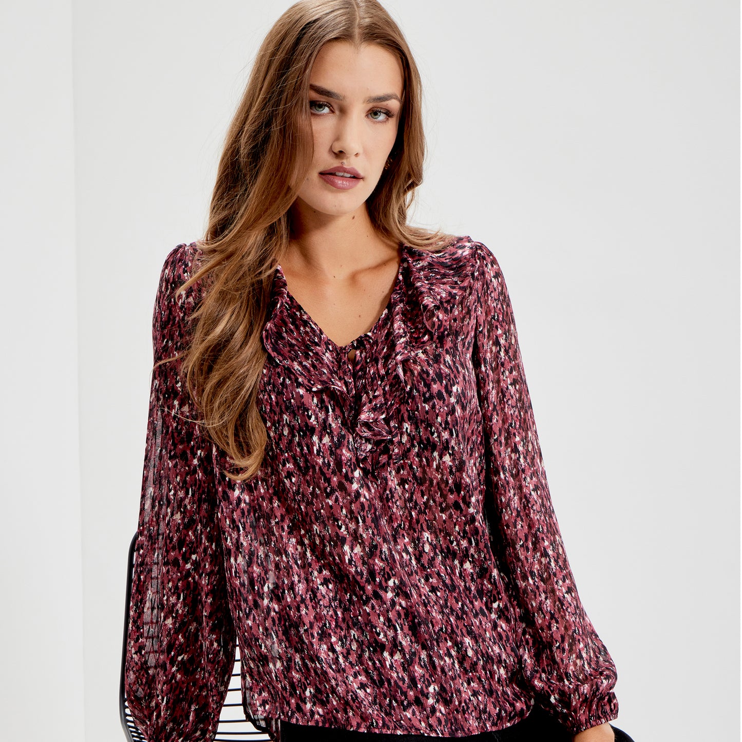 Trinity Burgundy Abstract Animal Chiffon Ruffle Neck Blouse