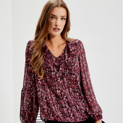 Trinity Burgundy Abstract Animal Chiffon Ruffle Neck Blouse