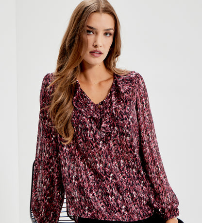 Trinity Burgundy Abstract Animal Chiffon Ruffle Neck Blouse