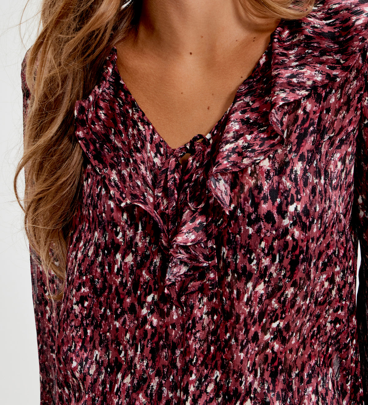 Trinity Burgundy Abstract Animal Chiffon Ruffle Neck Blouse