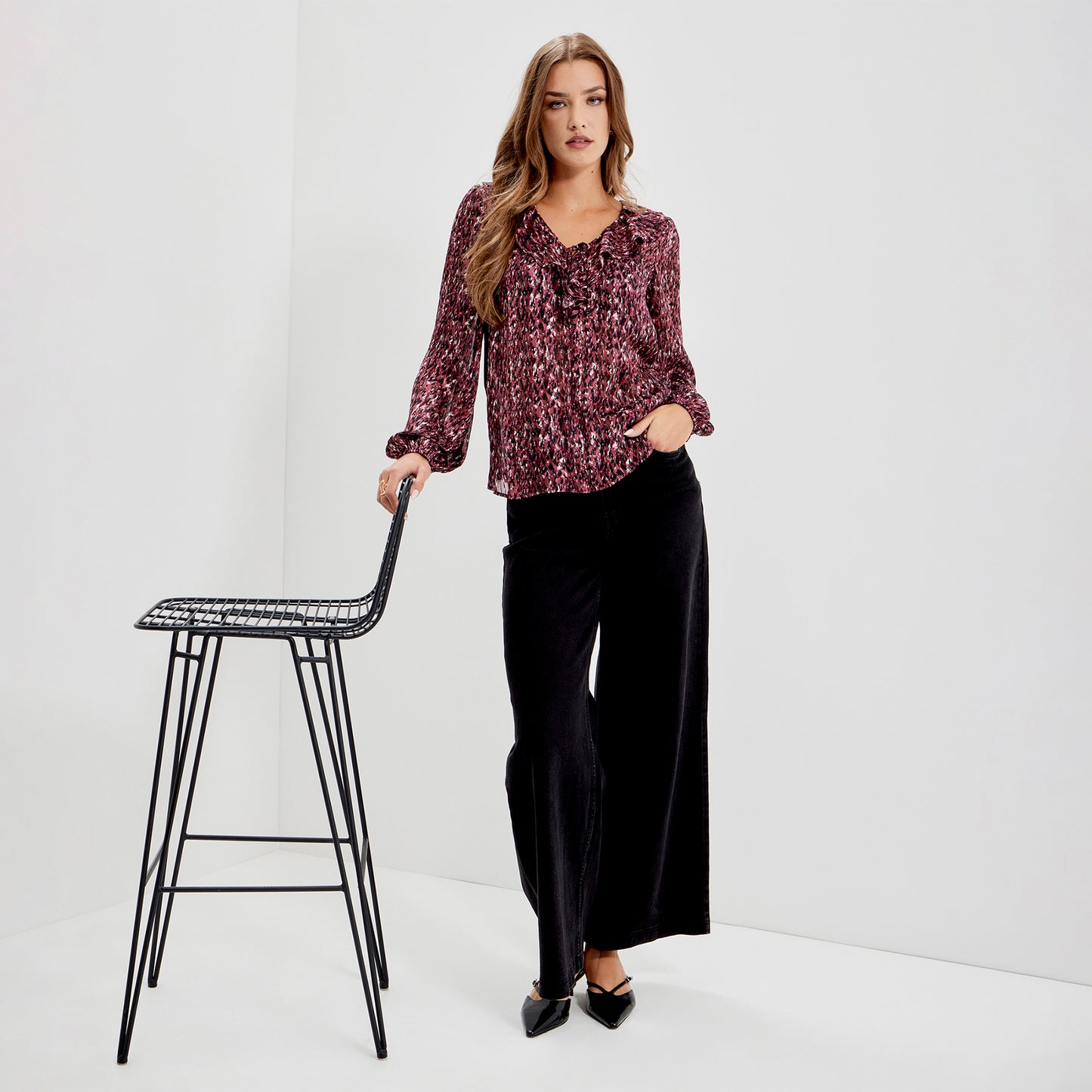 Trinity Burgundy Abstract Animal Chiffon Ruffle Neck Blouse