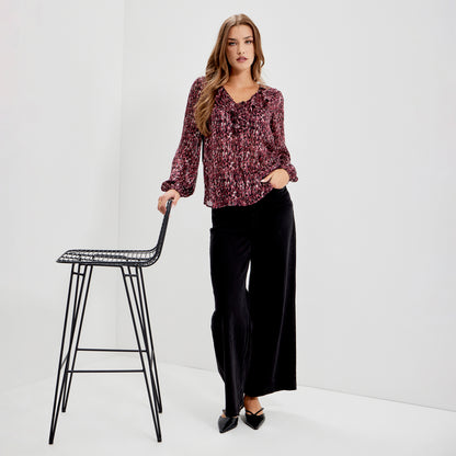 Trinity Burgundy Abstract Animal Chiffon Ruffle Neck Blouse
