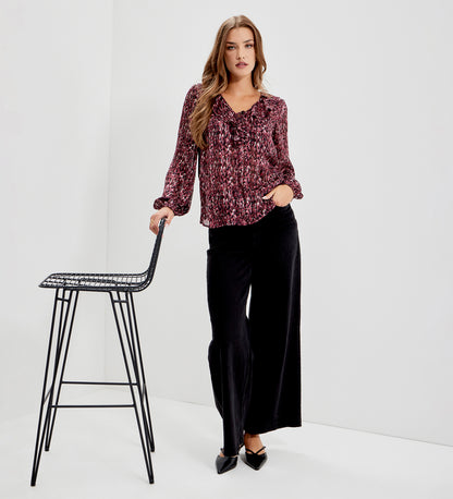 Trinity Burgundy Abstract Animal Chiffon Ruffle Neck Blouse