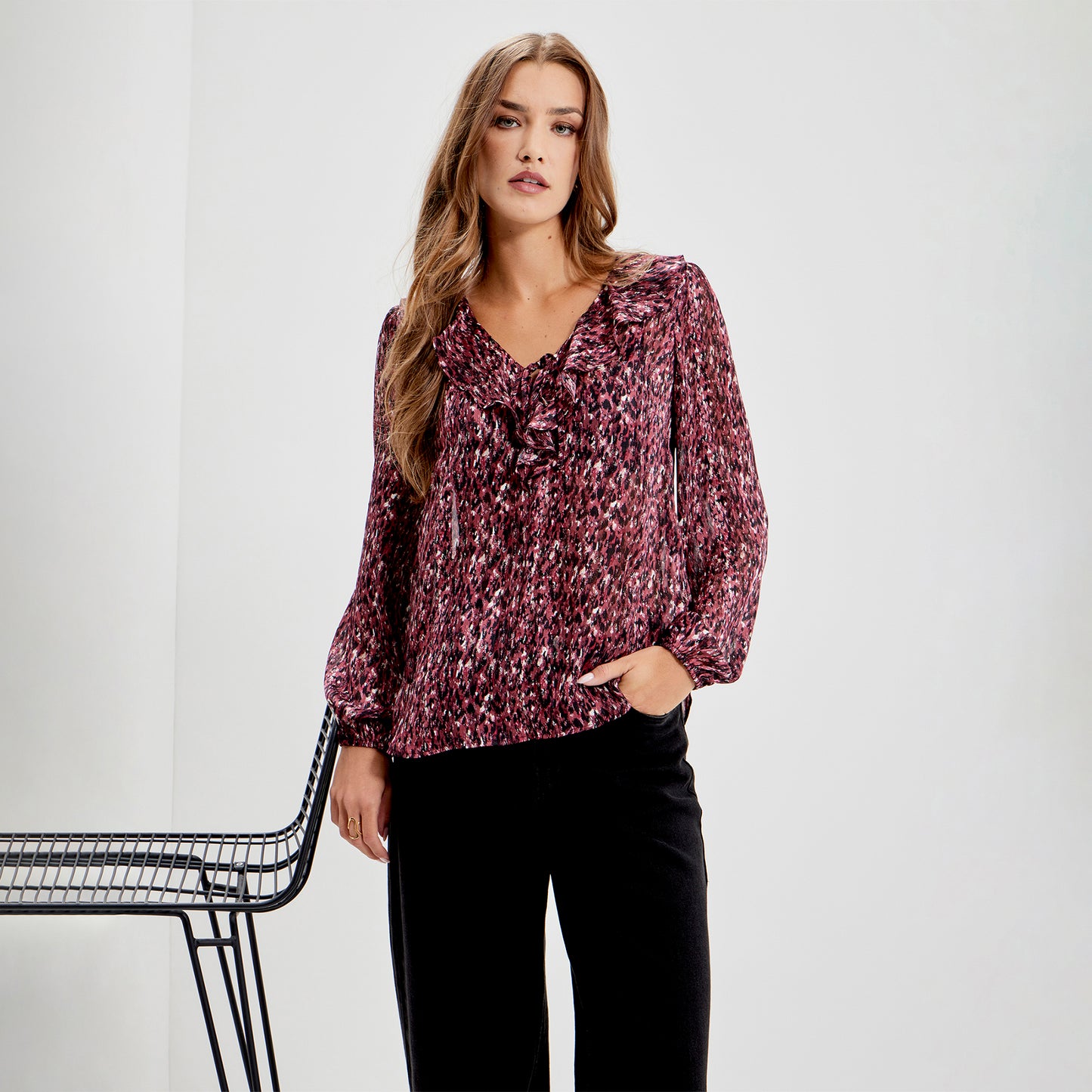 Trinity Burgundy Abstract Animal Chiffon Ruffle Neck Blouse