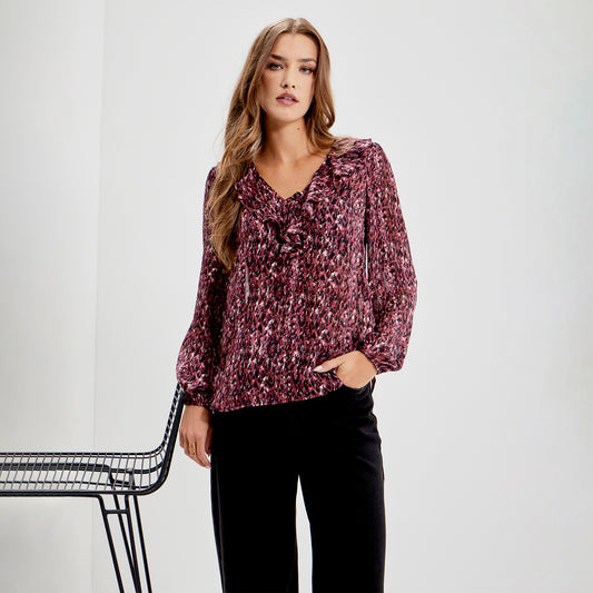 Trinity Burgundy Abstract Animal Chiffon Ruffle Neck Blouse
