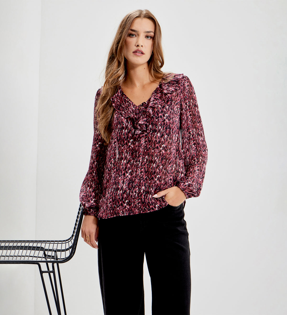 Trinity Burgundy Abstract Animal Chiffon Ruffle Neck Blouse