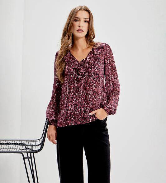 Trinity Burgundy Abstract Animal Chiffon Ruffle Neck Blouse
