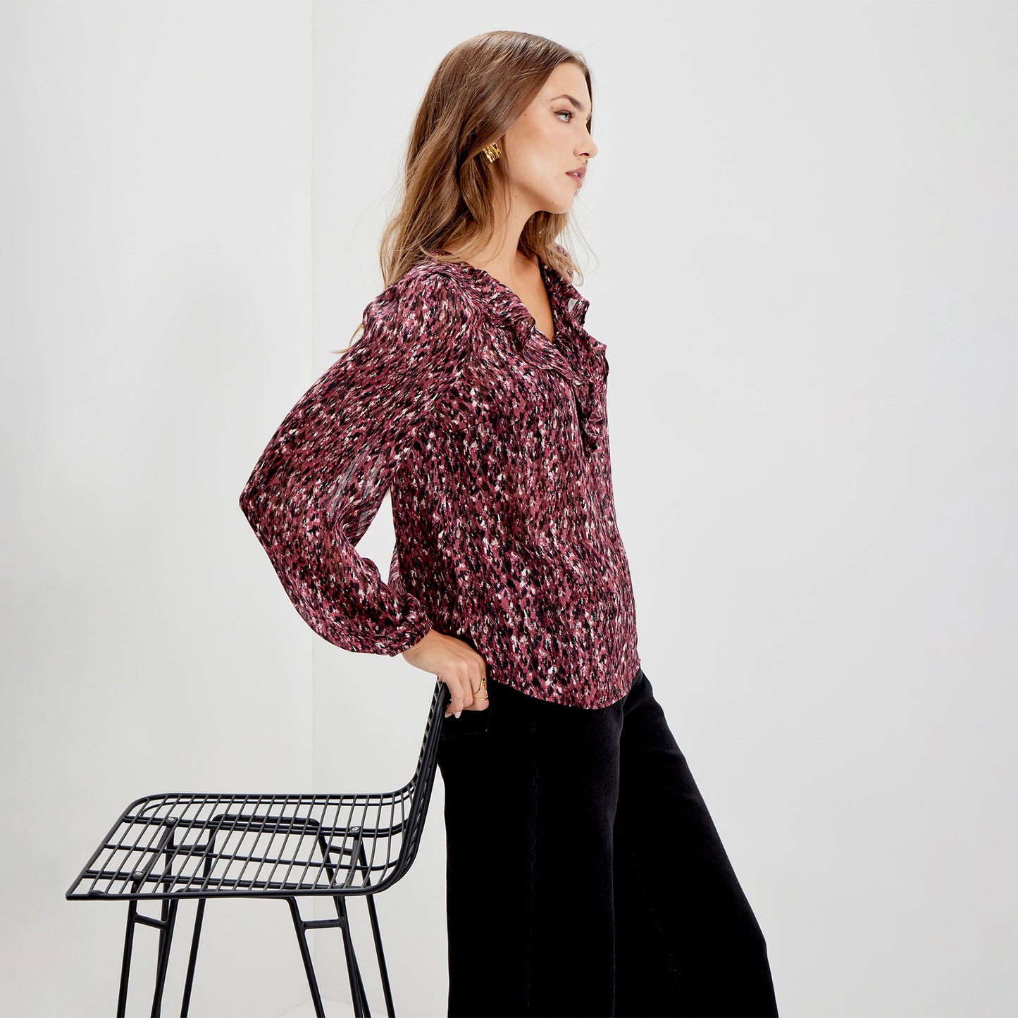 Trinity Burgundy Abstract Animal Chiffon Ruffle Neck Blouse