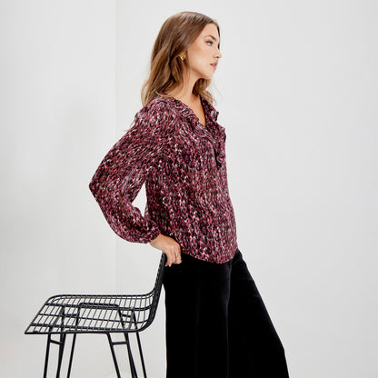 Trinity Burgundy Abstract Animal Chiffon Ruffle Neck Blouse