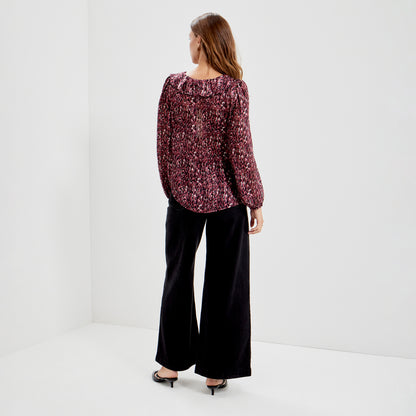 Trinity Burgundy Abstract Animal Chiffon Ruffle Neck Blouse