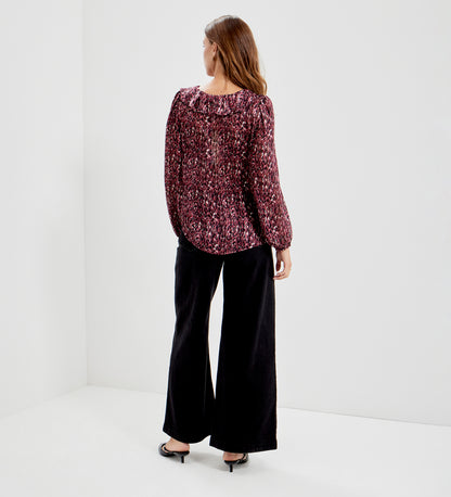 Trinity Burgundy Abstract Animal Chiffon Ruffle Neck Blouse