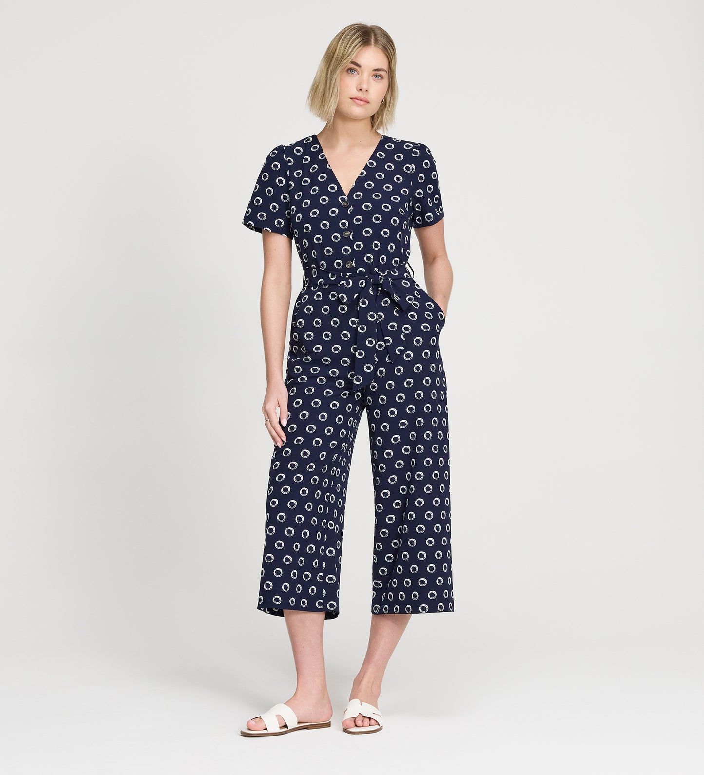 Uma Navy Polka Dot Belted Wide Leg Jumpsuit