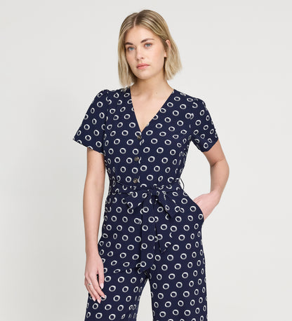 Uma Navy Polka Dot Belted Wide Leg Jumpsuit