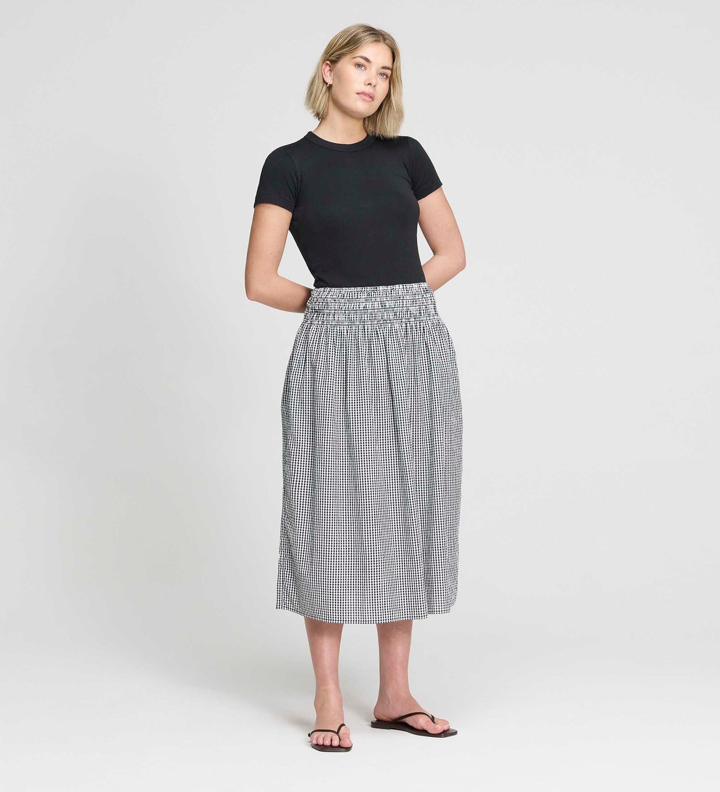 Valerie Black Gingham Cotton Shirred Waist Midi Skirt