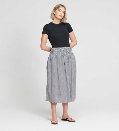 Valerie Black Gingham Cotton Shirred Waist Midi Skirt
