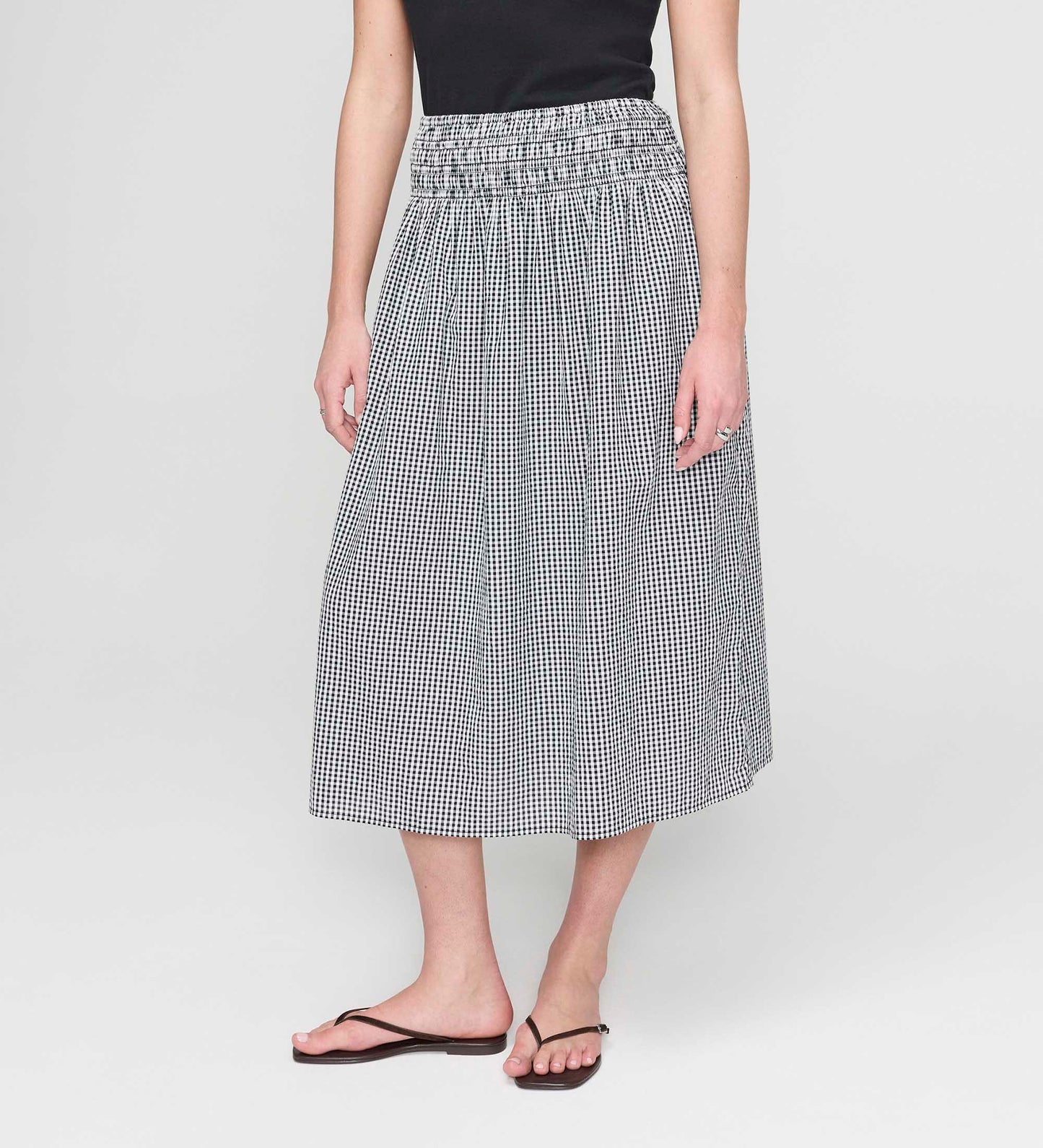 Valerie Black Gingham Cotton Shirred Waist Midi Skirt